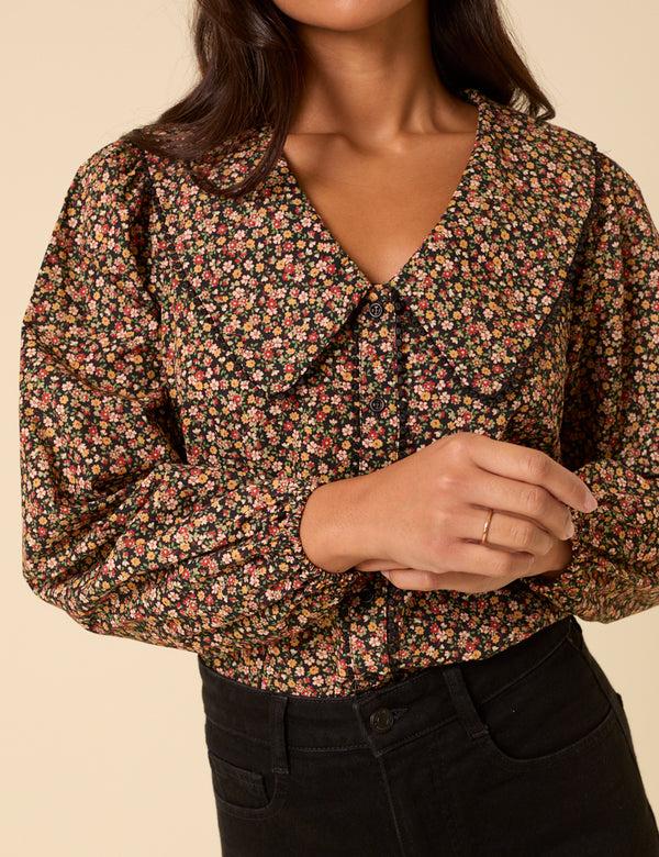 Nobody’s Child Black Ditsy Floral Peter Pan Collar Blouse
