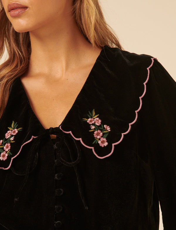 Nobody’s Child Black Floral Collared Velvet Birdie Blouse