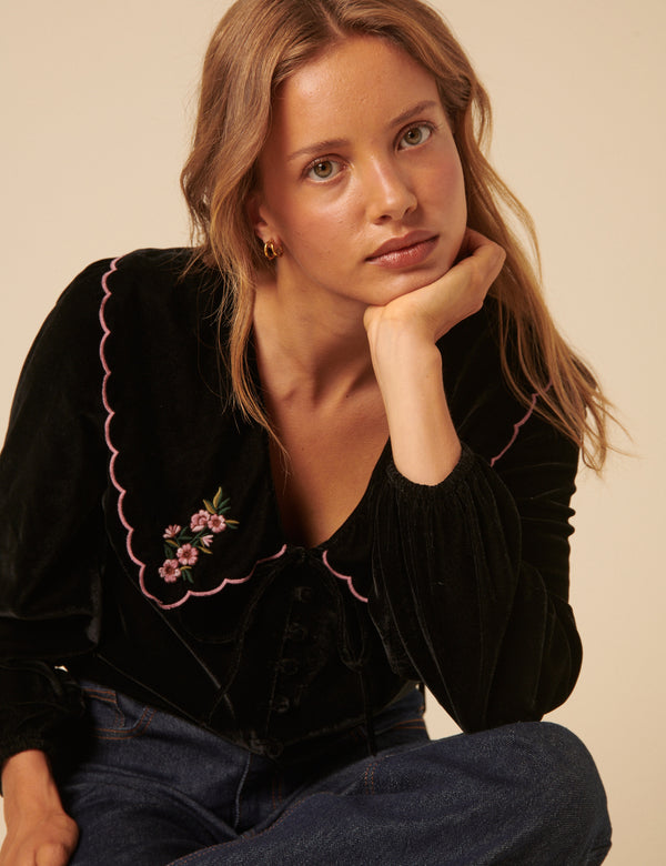 Nobody’s Child Black Floral Collared Velvet Birdie Blouse