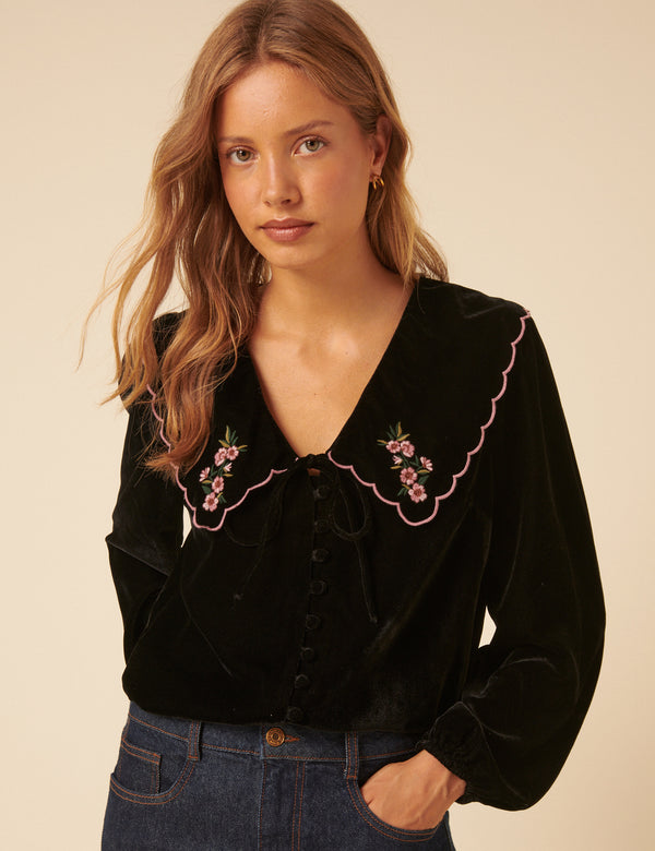 nobody’s child Black Floral Collared Velvet Birdie Blouse