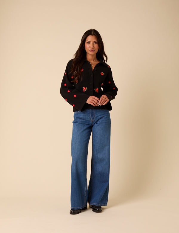 Nobody’s Child Black Floral Embroidered Collared Cardigan