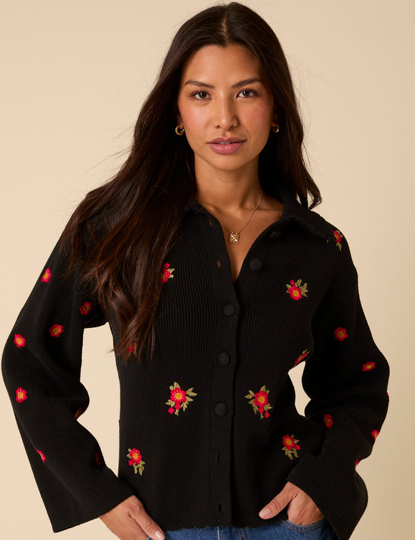 nobody’s child Black Floral Embroidered Collared Cardigan