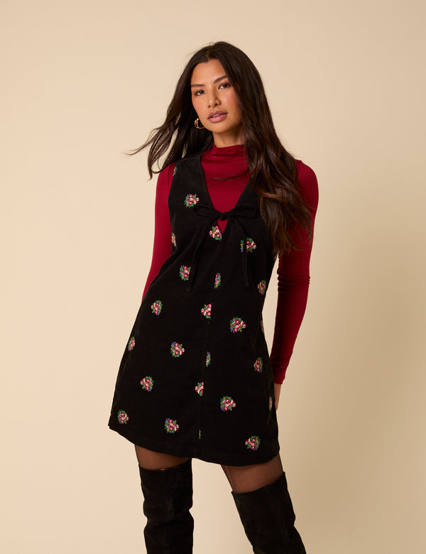 Nobody’s Child Black Floral Embroidered Cord Nila Pinafore Mini Dress