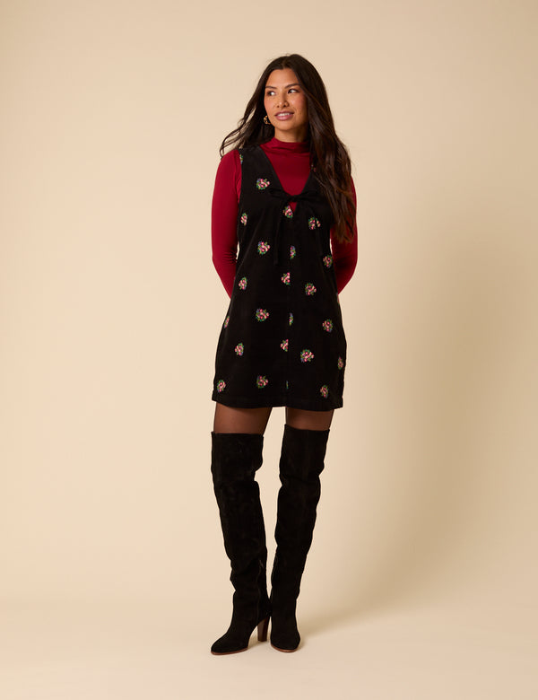 Nobody’s Child Black Floral Embroidered Cord Nila Pinafore Mini Dress