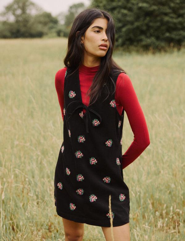 nobody’s child Black Floral Embroidered Cord Nila Pinafore Mini Dress