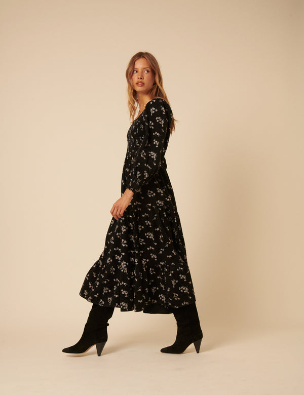 Nobody’s Child Black Floral Embroidered Cord Ruby Midi Dress