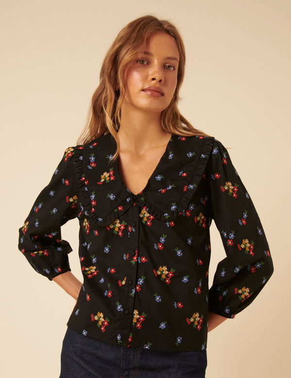 Nobody’s Child Black Floral Embroidered Long Sleeve Emmie Blouse