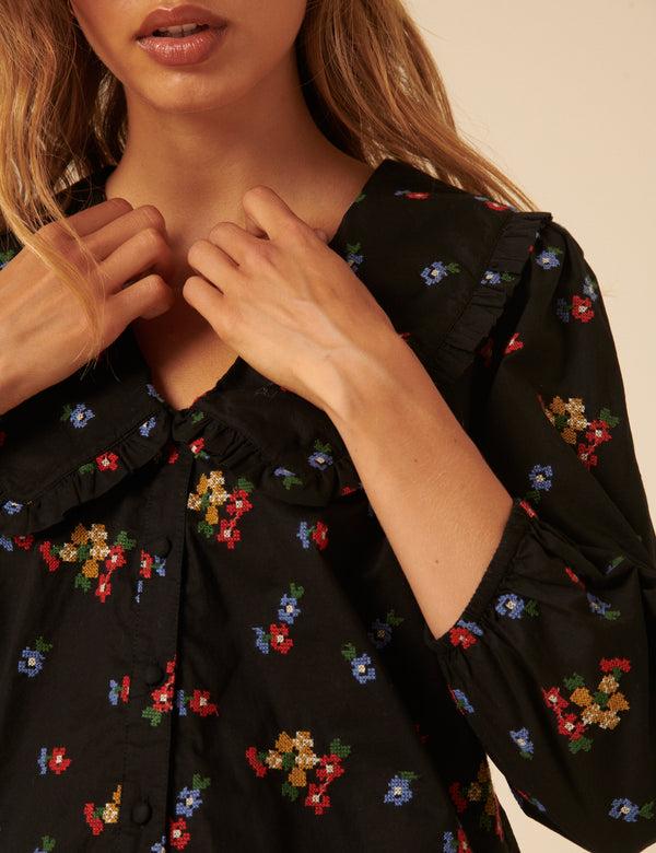 Nobody’s Child Black Floral Embroidered Long Sleeve Emmie Blouse