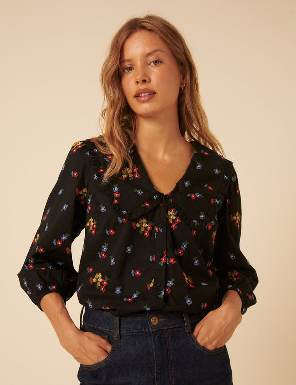 Nobody’s Child Black Floral Embroidered Long Sleeve Emmie Blouse