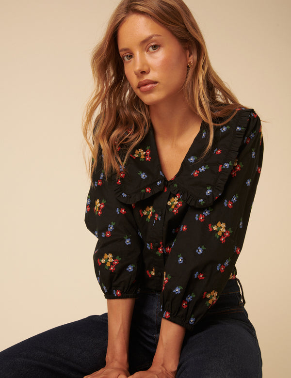 nobody’s child Black Floral Embroidered Long Sleeve Emmie Blouse