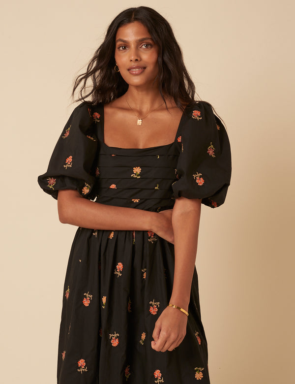 Nobody’s Child Black Floral Embroidered Nova Midi Dress