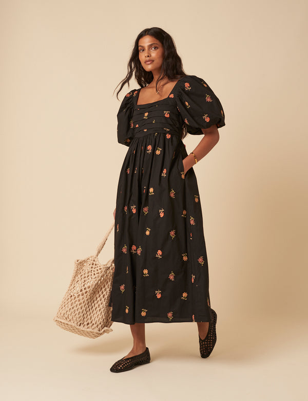 Nobody’s Child Black Floral Embroidered Nova Midi Dress