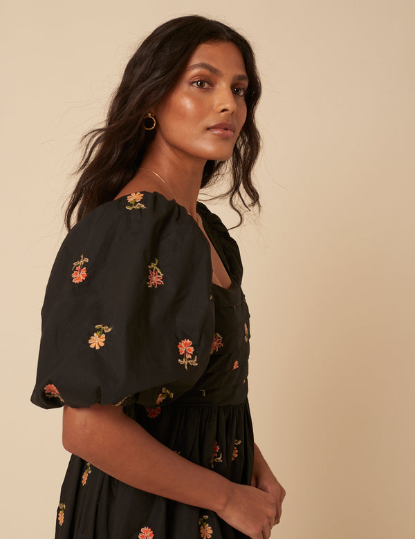 Nobody’s Child Black Floral Embroidered Nova Midi Dress