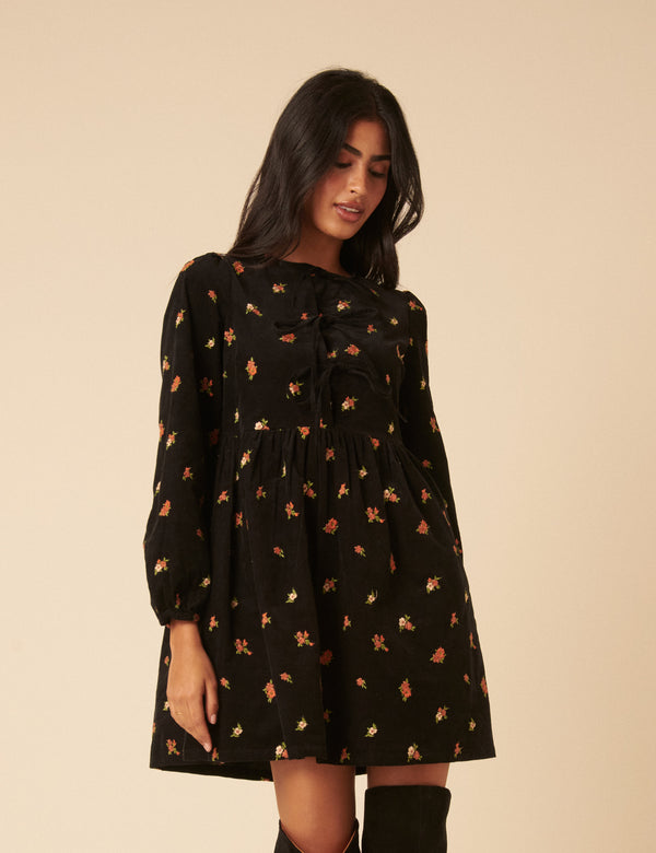 Nobody’s Child Black Floral Embroidered Tie-front Cord Eden Mini Dress