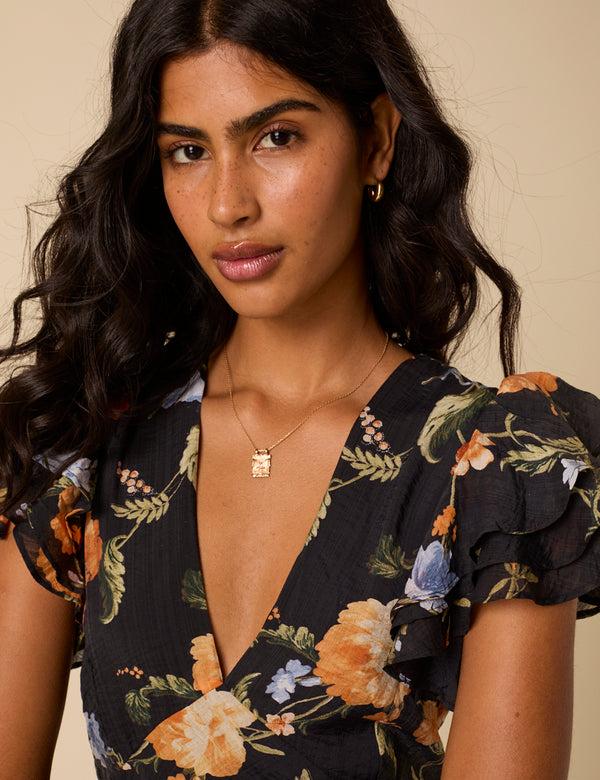 Nobody’s Child Black Floral Frill Sleeve Layla Midi Dress