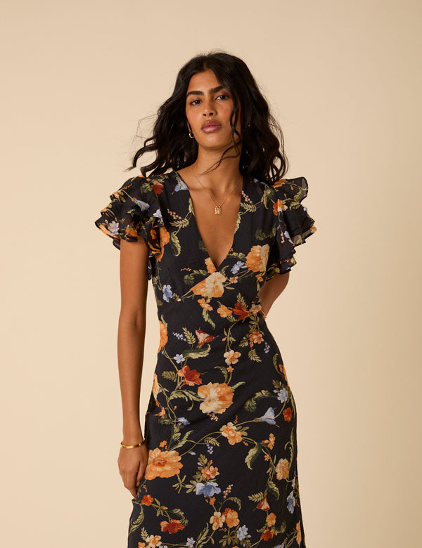 Nobody’s Child Black Floral Frill Sleeve Layla Midi Dress