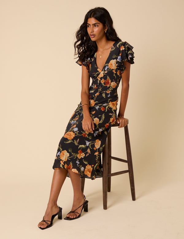 Nobody’s Child Black Floral Frill Sleeve Layla Midi Dress