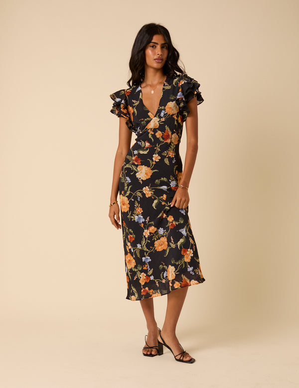 nobody’s child Black Floral Frill Sleeve Layla Midi Dress