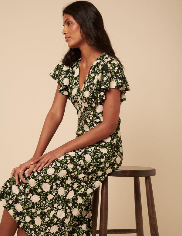 Nobody’s Child Black Floral Frill Sleeve Martha Midi Dress