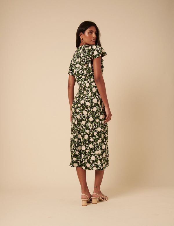 Nobody’s Child Black Floral Frill Sleeve Martha Midi Dress