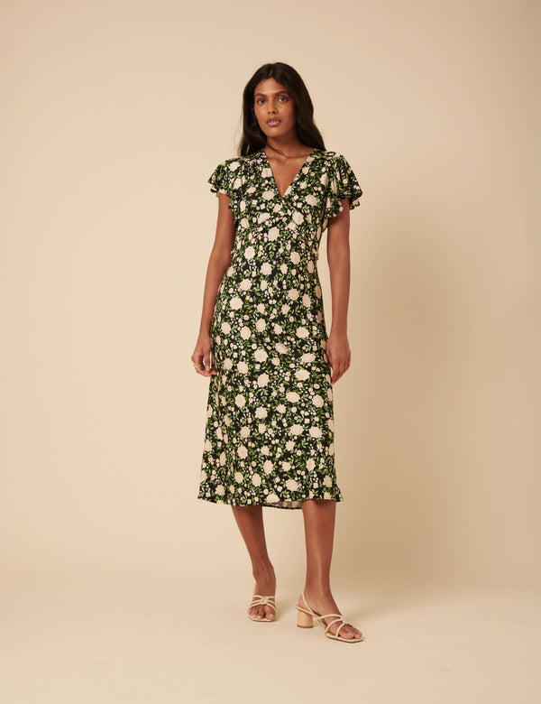 nobody’s child Black Floral Frill Sleeve Martha Midi Dress