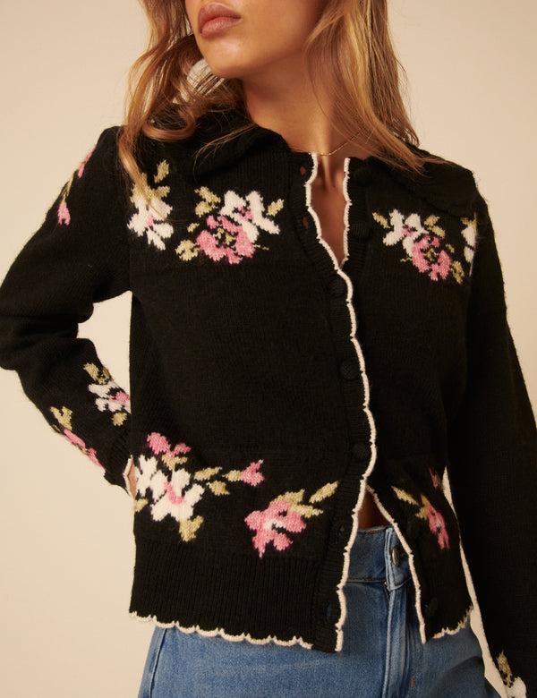 Nobody’s Child Black Floral Jacquard Collared Cardigan