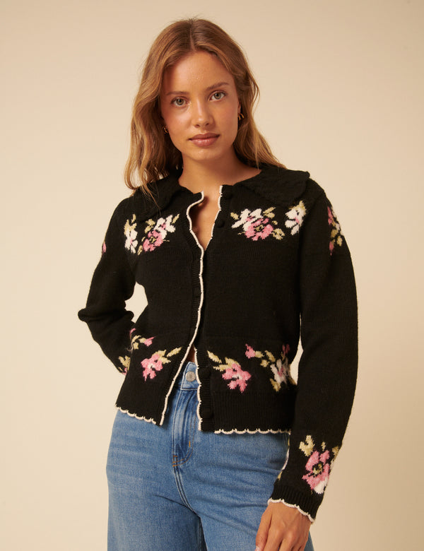 nobody’s child Black Floral Jacquard Collared Cardigan