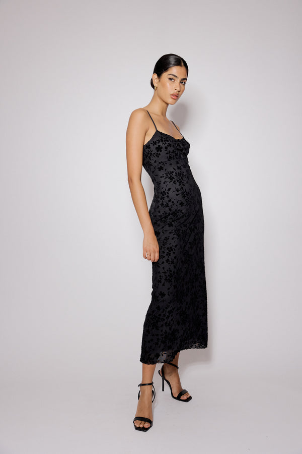Nobody’s Child Black Floral Jacquard Velvet Analie Midi Dress