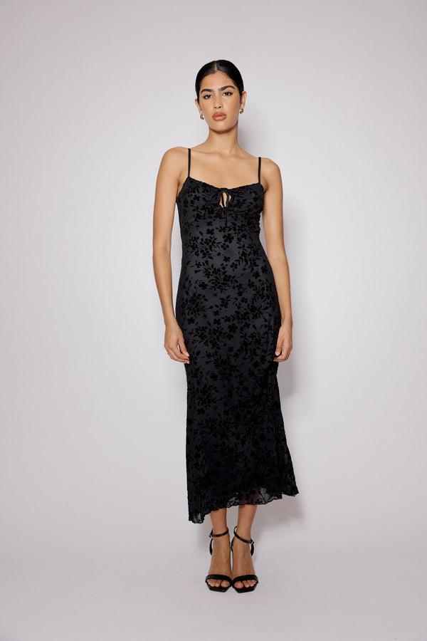 nobody’s child Black Floral Jacquard Velvet Analie Midi Dress