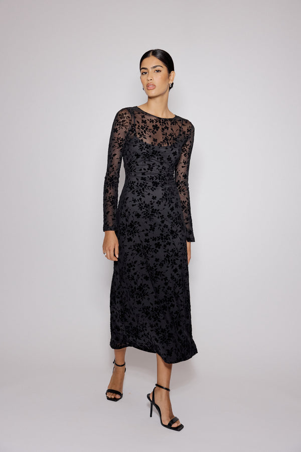 Nobody’s Child Black Floral Jaquard Velvet Long Sleeve Clarissa Midi Dress