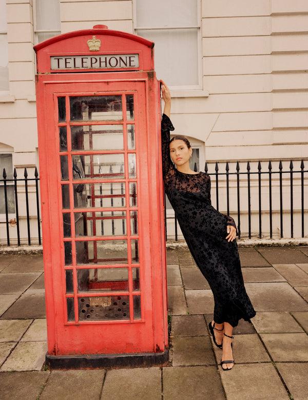 nobody’s child Black Floral Jaquard Velvet Long Sleeve Clarissa Midi Dress