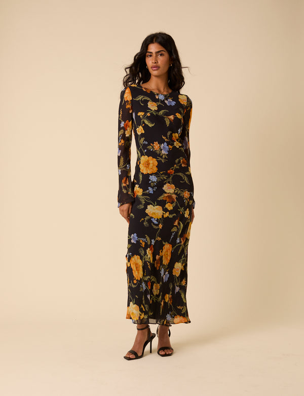 nobody’s child Black Floral Long Sleeve Clarissa Midi Dress