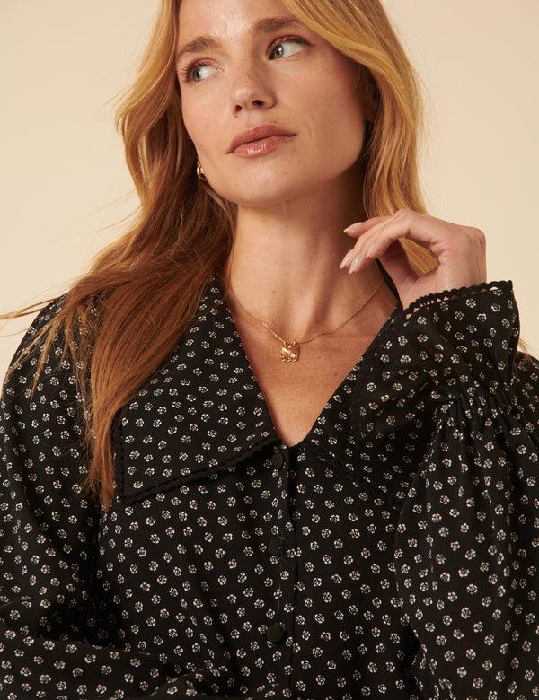 Nobody’s Child Black Floral Printed Collared Long Sleeve Blouse