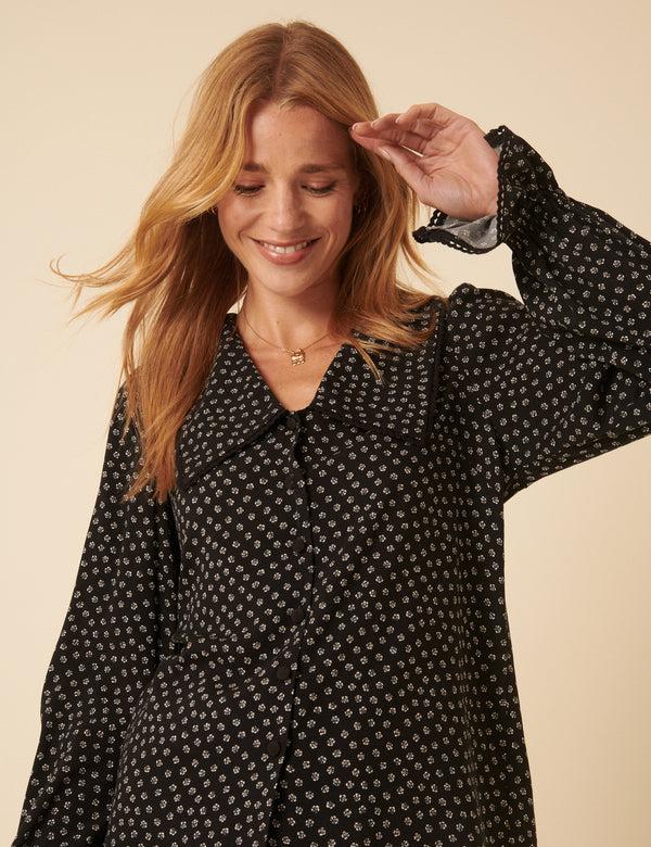 Nobody’s Child Black Floral Printed Collared Long Sleeve Blouse