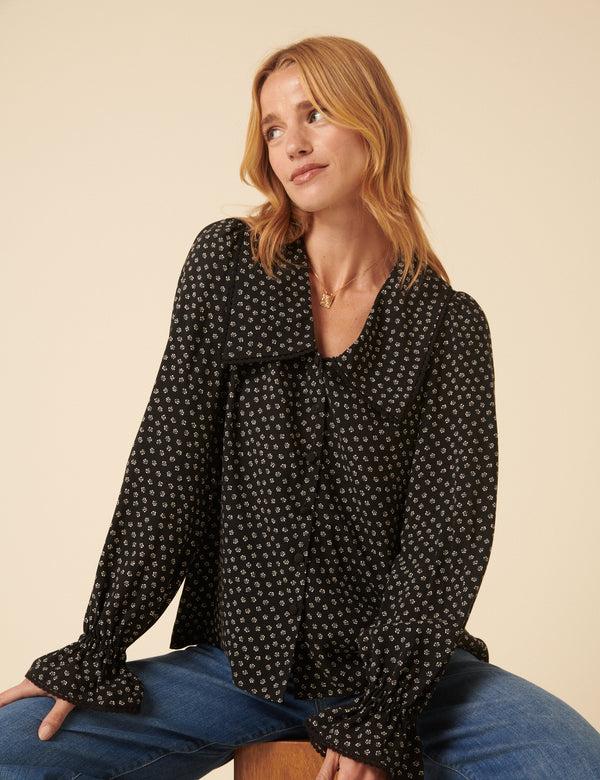 Nobody’s Child Black Floral Printed Collared Long Sleeve Blouse
