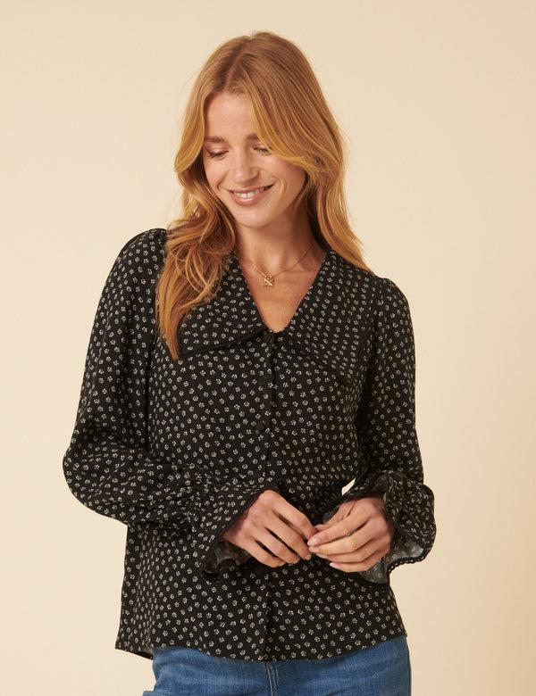 nobody’s child Black Floral Printed Collared Long Sleeve Blouse