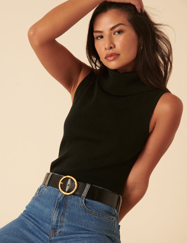 Nobody’s Child Black Gold Circular Buckle Leather Belt