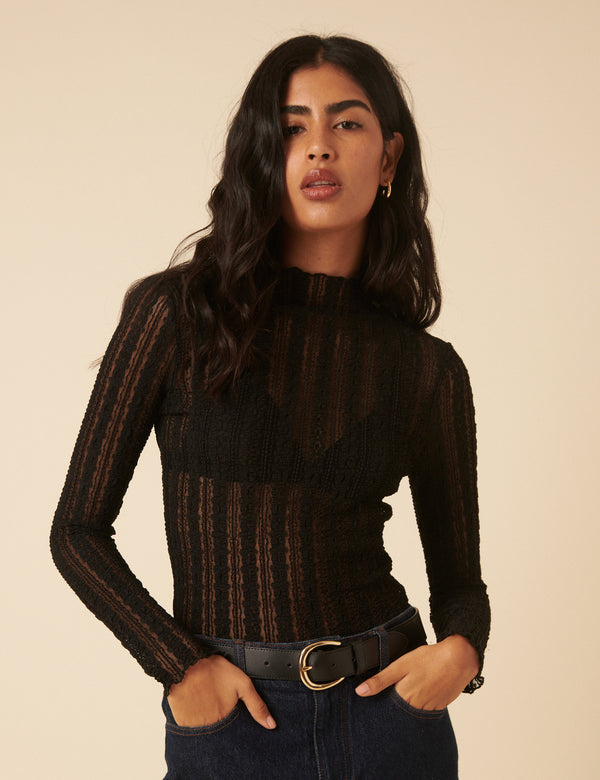 nobody’s child Black Lace High Neck Long Sleeve Top