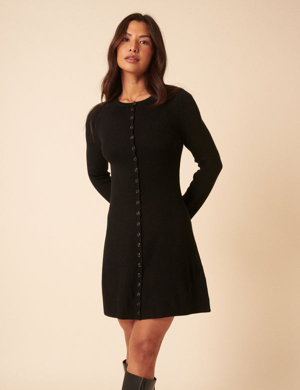 Nobody’s Child Black Long Sleeve Button Through Knitted Mini Dress