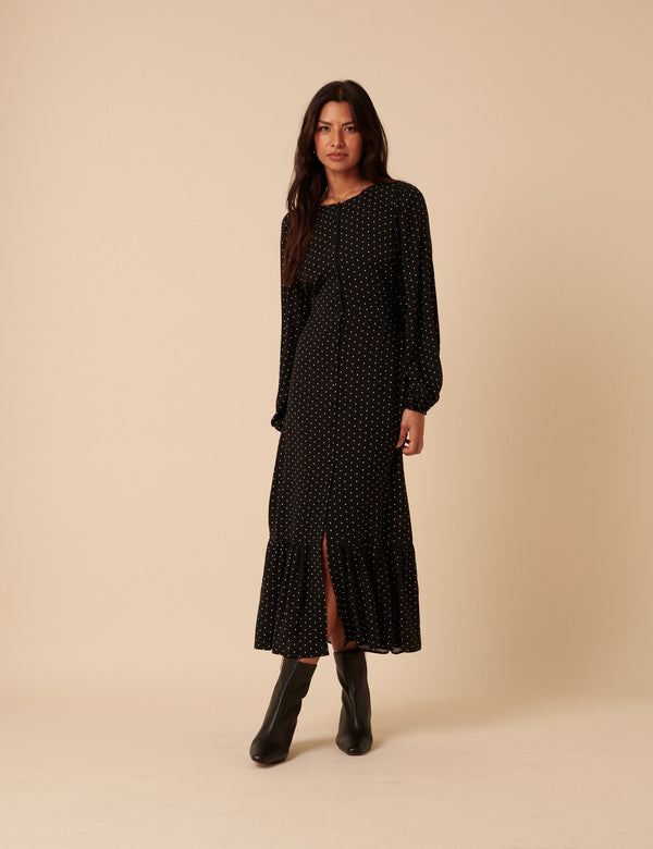 Nobody’s Child Black Polka Dot Balloon Sleeve Amara Midi Dress