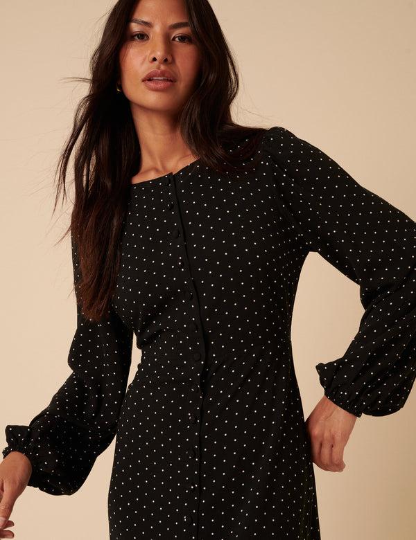 Nobody’s Child Black Polka Dot Balloon Sleeve Amara Midi Dress