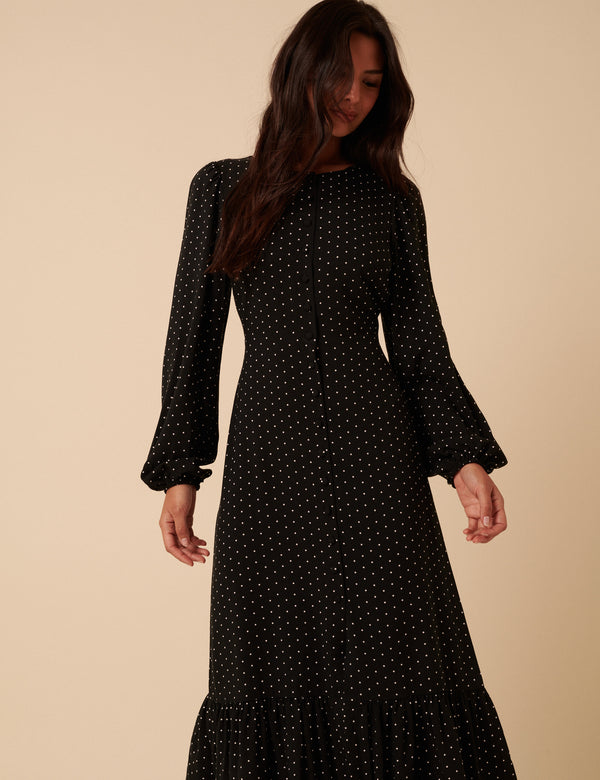 Nobody’s Child Black Polka Dot Balloon Sleeve Amara Midi Dress