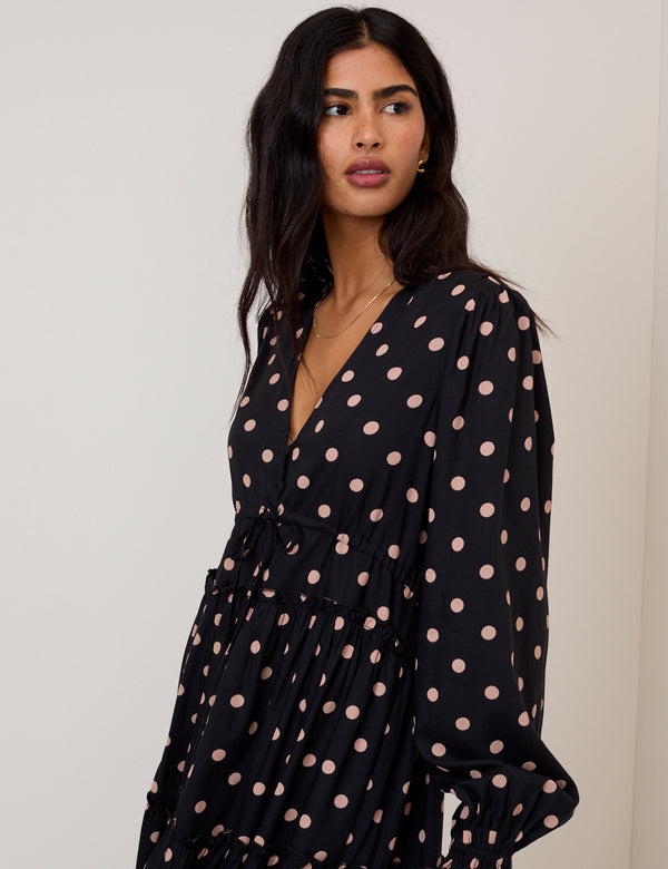 Nobody’s Child Black Polka Dot Balloon Sleeve Sofia Midi Dress