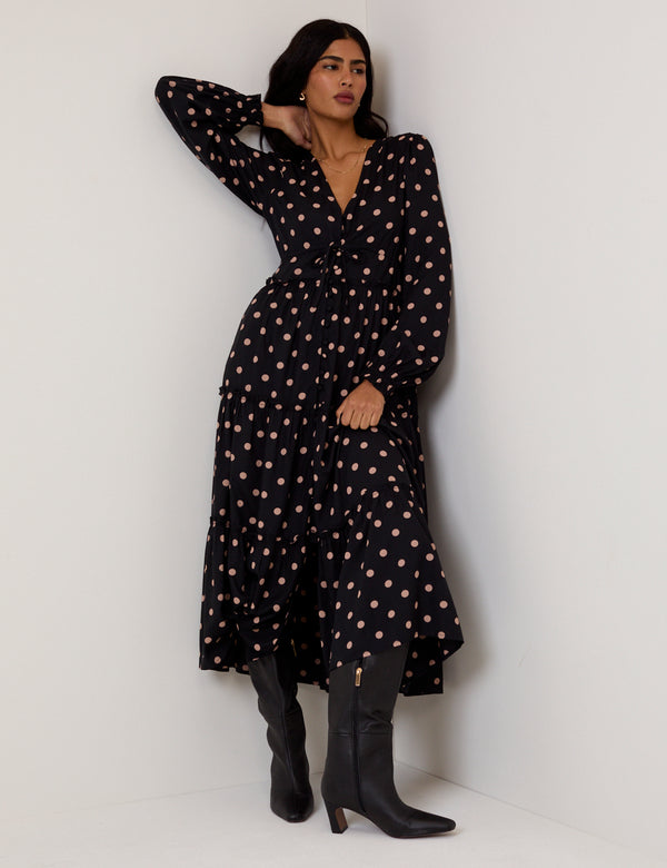 Nobody’s Child Black Polka Dot Balloon Sleeve Sofia Midi Dress