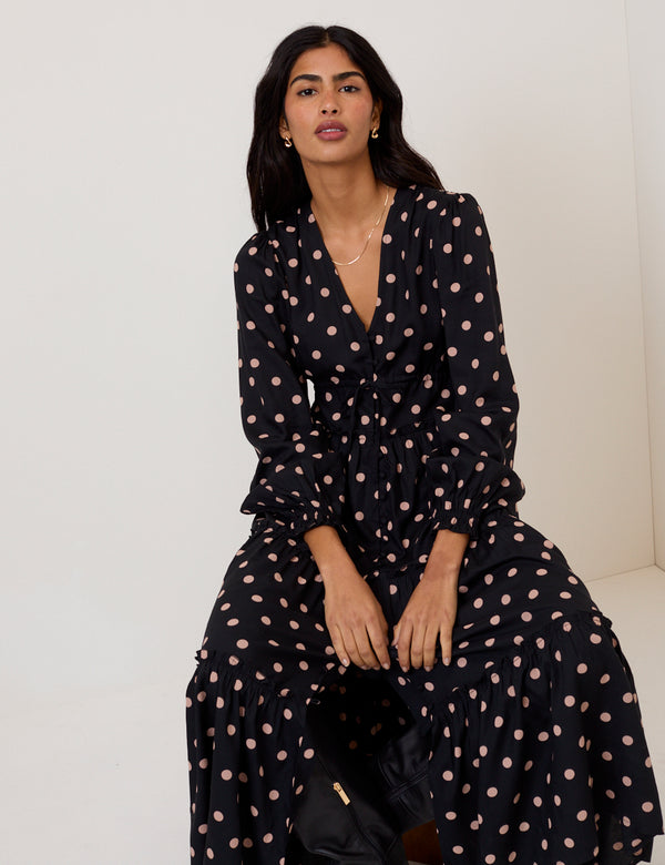 Nobody’s Child Black Polka Dot Balloon Sleeve Sofia Midi Dress