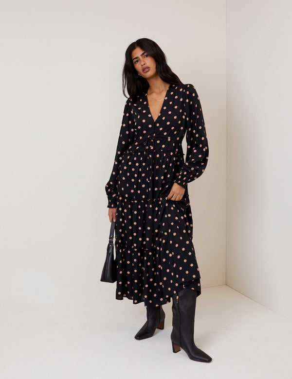 nobody’s child Black Polka Dot Balloon Sleeve Sofia Midi Dress