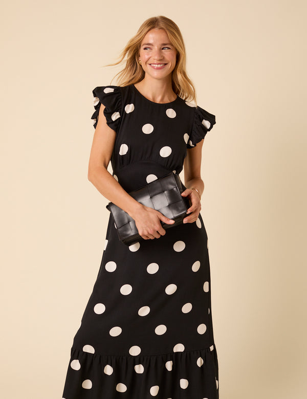 Nobody’s Child Black Polka Dot Frill Sleeve Clara Midi Dress