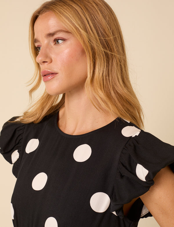 Nobody’s Child Black Polka Dot Frill Sleeve Clara Midi Dress