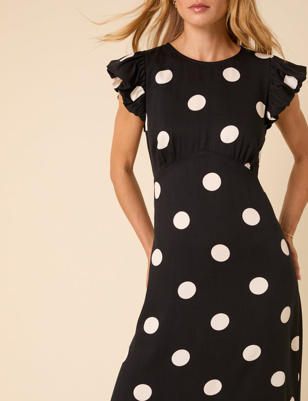 Nobody’s Child Black Polka Dot Frill Sleeve Clara Midi Dress