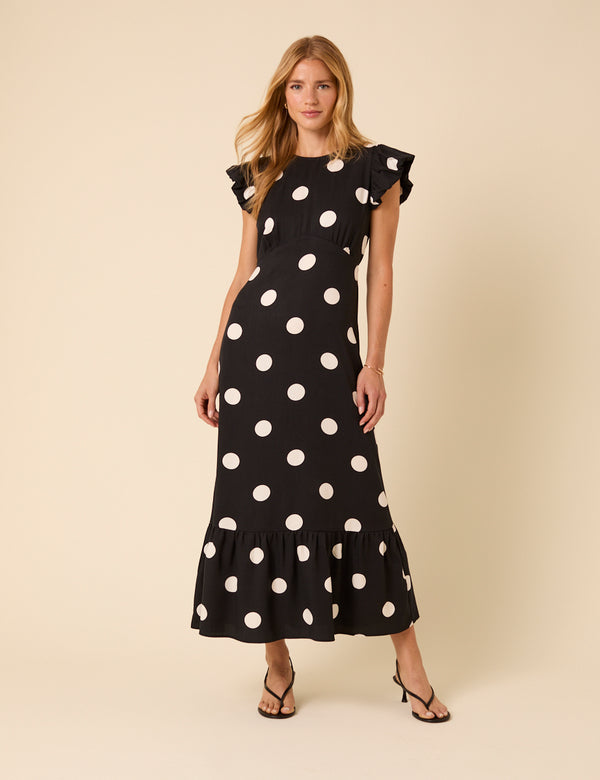 nobody’s child Black Polka Dot Frill Sleeve Clara Midi Dress